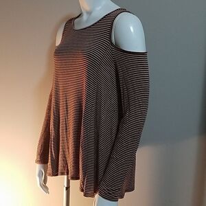 Lush Brown & White Striped Cold Shoulder Top (M)